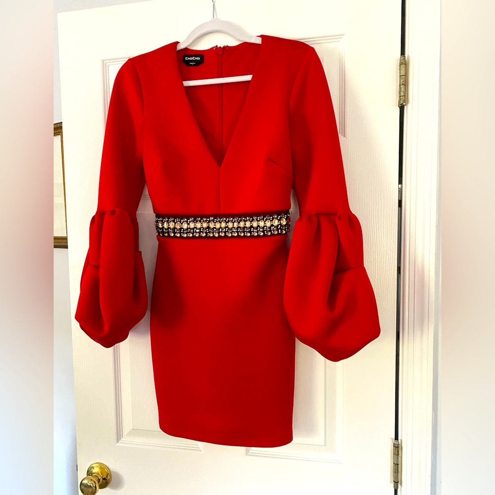 Bebe scuba puff sleeve pageant interview red dress cocktail 4